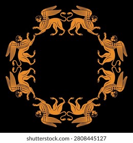 Geometrical frame with antique female Sphinxes. Ancient Greek mythology. Fantastic winged lions with women's heads. Vase painting style. Orange silhouette on black background.