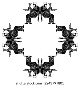 Geometrical frame with bearded seated ancient Greek men holding bowls. God Zeus or Jupiter. Black and white silhouette.