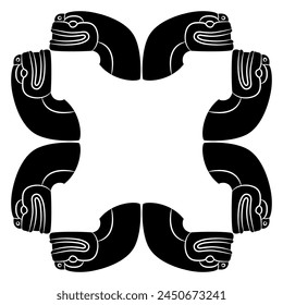 Geometrical frame or border with stylized heads of snakes or serpents. Native American animal design of Maya Indians. Black and white silhouette.