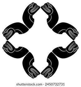 Marco geométrico o borde con cabezas estilizadas de serpientes o serpientes. Diseño animal nativo americano de los indios mayas. Silueta en blanco y negro.