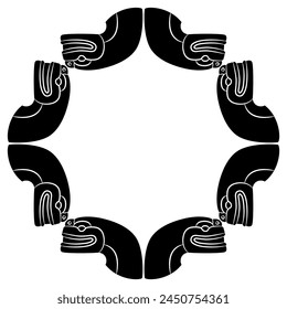 Geometrical frame or border with stylized heads of snakes or serpents. Native American animal design of Maya Indians. Black and white silhouette.