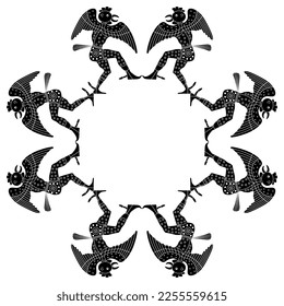 Geometrical frame with dancing ancient Greek men in rooster costumes. Fantastic winged anthropomorphic bird character. Black and white silhouette.