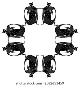 Geometrical frame with dancing Ancient Greek women. Black and white silhouette. 