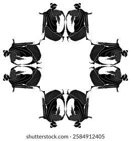 Geometrical frame with dancing Ancient Greek women. Black and white silhouette. 