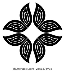 Geometrical frame design with four stylized flowers. Folk style. Black and white silhouette.