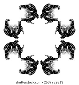 Geometrical frame design with heads of fantastic monsters. Black and white silhouette.
