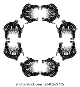 Geometrical frame design with heads of fantastic monsters. Black and white silhouette.