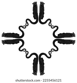 Geometrical frame with fantastic female snakes in royal crowns. Medieval European motif. Black and white silhouette.