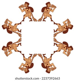 Geometrical frame with fantastic snake men playing flute. Ancient Peruvian design of Mochica Indians. 