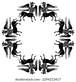 Geometrical frame with fantastic warrior centaurs. Russian medieval folk design. Black and white silhouette.