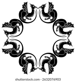 Geometrical frame with fantastic winged dragons. Medieval European illuminated manuscript motif. Black and white silhouette.
