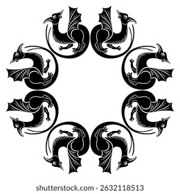 Geometrical frame with fantastic winged dragons. Medieval European illuminated manuscript motif. Black and white silhouette.