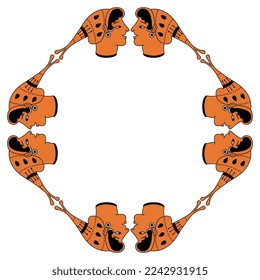 Geometrical frame with female heads wearing hats or caps. Ancient Greek vase painting style. Isolated vector illustration.