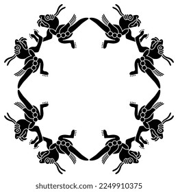 Geometrical frame with flying monster locusts. Native American art of Aztec Indians. Animal pre Columbian mythological design from Mexican codex. Black and white silhouette.