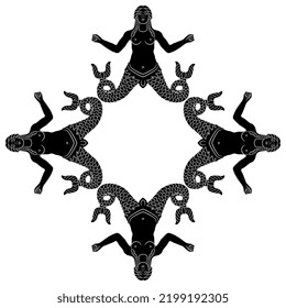 Geometrical frame with four antique mermaids. Ancient Greek marine goddess Scylla with two fish tails. Black and white silhouette.