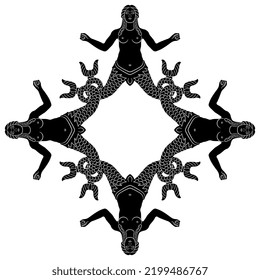 Geometrical frame with four antique mermaids. Ancient Greek marine goddess Scylla with two fish tails. Black and white silhouette.