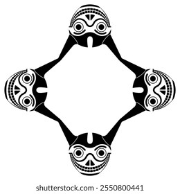 Geometrical frame with four funny horned skulls. Ethnic border with South American masks. Indigenous Wari or Huari culture from frame Peru. Black and white silhouette.