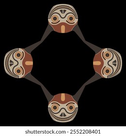 Geometrical frame with four funny horned skulls. Ethnic border with South American masks. Indigenous Wari or Huari culture from frame Peru.