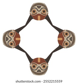 Geometrical frame with four funny horned skulls. Ethnic border with South American masks. Indigenous Wari or Huari culture from frame Peru.