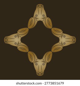 Geometrical frame with four stylized heads sheep or ram. Medieval European animal design. 