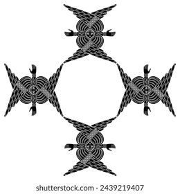 Geometrical frame with four winged cherubs or cherubim. Christian Orthodox religious symbol. Medieval design. Black and white silhouette.