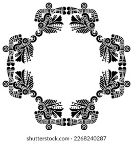 Geometrical frame with heads of Aztec god of wind Ehecatl. Mexican codex design. Native American mythology. Black and white silhouette.