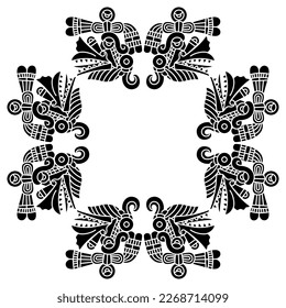 Geometrical frame with heads of Aztec god of wind Ehecatl. Mexican codex design. Native American mythology. Black and white silhouette.