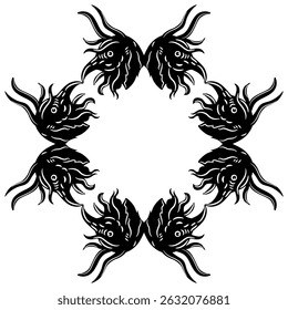 Geometrical frame with heads of fantastic demons or monsters. Medieval European illuminated manuscript design. Black and white silhouette.