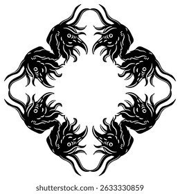 Quadro geométrico com cabeças de demônios ou monstros fantásticos. Projeto de manuscrito iluminado europeu medieval. Silhueta em preto e branco.