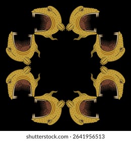 Geometrical frame with heads of fantastic monsters. Medieval design.