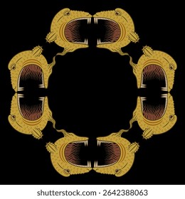 Quadro geométrico com cabeças de monstros fantásticos. Design medieval.