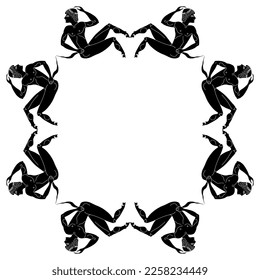 Geometrical frame or mandala with ancient Greek satyrs. Black and white silhouette.