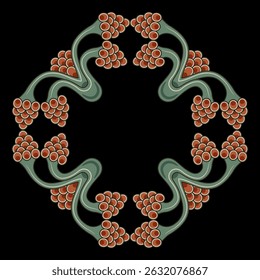 Geometrical frame with medieval floral motifs. Ornate border with green vines and ripe red fruits on black background.