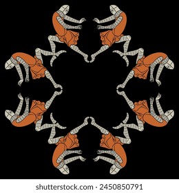 Geometrical frame with medieval knights in dynamic pose. On black background.