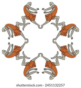 Geometrical frame with medieval knights in dynamic pose. Isolated vector illustration.