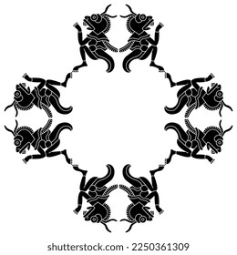 Geometrical frame with monster locusts. Native American art of Aztec Indians. Animal pre Columbian mythological design from Mexican codex. Black and white silhouette.