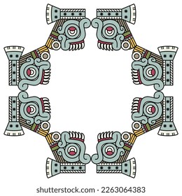 Geometrical frame with Native American masks. Head of Aztec god of rain Tlaloc. Isolated vector illustration.