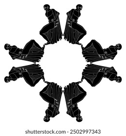 Geometrical frame ornament with ancient Greek men in a squatting position. Ethnic vase painting style. Black and white silhouette.