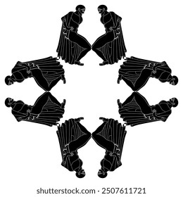 Geometrical frame ornament with ancient Greek men in a squatting position. Ethnic vase painting style. Black and white silhouette.