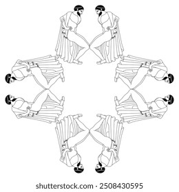 Geometrical frame ornament with ancient Greek men in a squatting position. Ethnic vase painting style. Black and white linear silhouette.