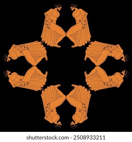 Geometrical frame ornament with ancient Greek men in a squatting position. Ethnic vase painting style. Black and orange silhouette.