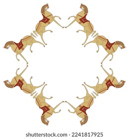 Geometrical frame with saddled horses. Russian folk style. Isolated vector illustration.