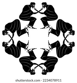 Geometrical frame with seated ancient Greek men with crossed arms. Black and white silhouette. Square ethnic mandala.