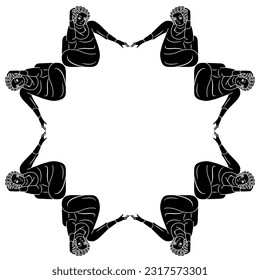 Geometrical frame with seated medieval people. Black and white negative silhouette.
