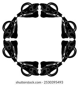 Geometrical frame with skulls of Babirusa. Babyrousa babyrussa. Black and white silhouette.