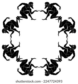 Geometrical frame with squatting bearded ancient Greek men. Black and white silhouette. Vase painting style.
