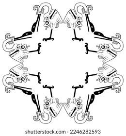 Geometrical frame with stylized heron birds with human faces on their bellies. Ancient Native American ethnic animal design. Black and white silhouette.