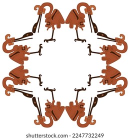 Geometrical frame with stylized heron birds with human faces on their bellies. Ancient Native American ethnic animal design. 