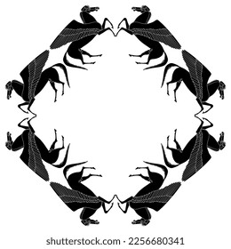 Geometrical frame with winged horses. Ancient Greek Pegasus. Black and white silhouette.