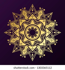 Geometrisches goldenes Mandala-Muster auf violettem Hintergrund